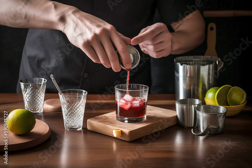 Making of cocktail at home, closeup. Generative AI