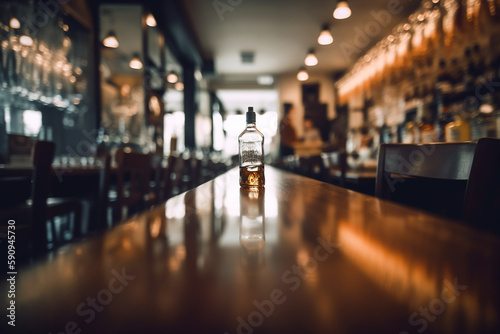 Empty bar counter with one wisky bottle, copyspace. Generative AI