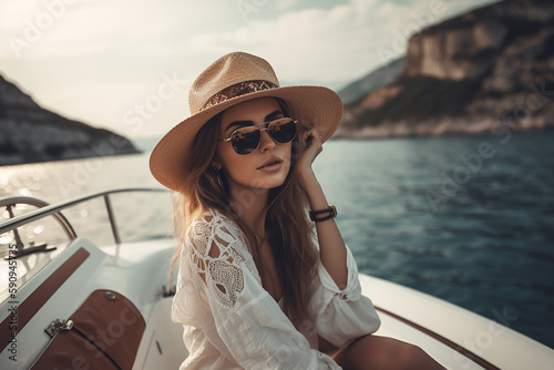 Young beautiful blond woman wearing straw hat and sunglasses on a yacht. Generative AI © lanych