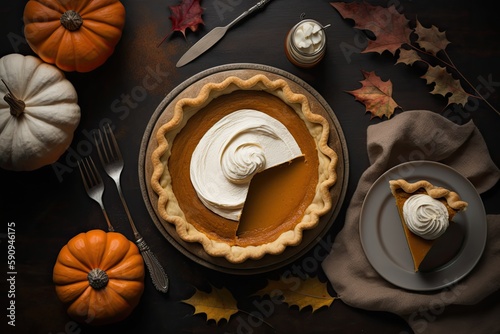 homemade pumpkin pie with a missing slice on a rustic table. Generative AI