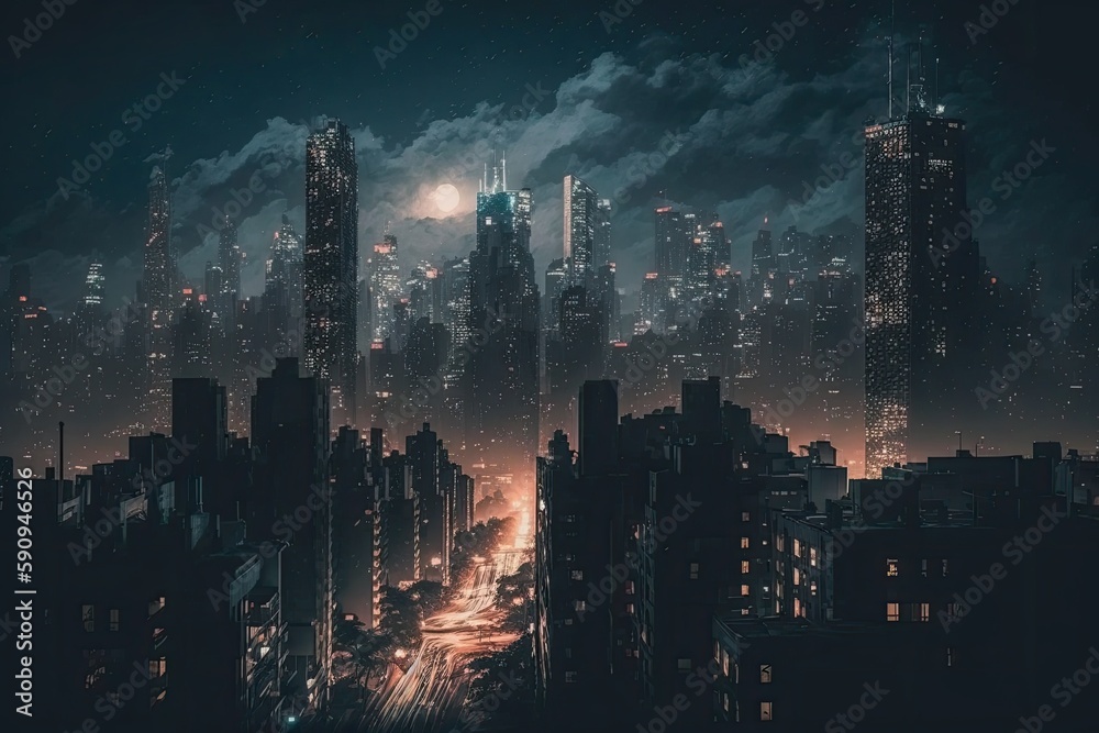 Fototapeta premium bustling urban skyline at night with towering skyscrapers. Generative AI