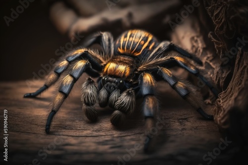 yellow and black spider perched on a wooden table. Generative AI