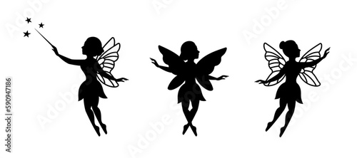Magical fairies. Little creatures with wings. Mythical fairy tale characters in cute dresses. Magical fairies