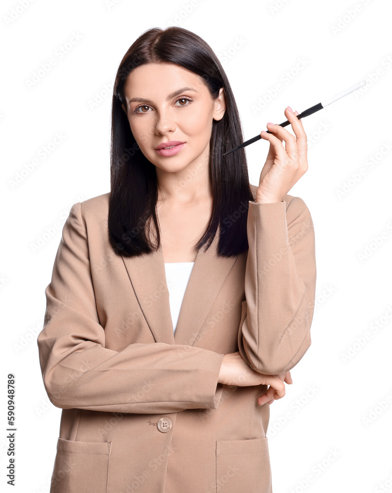 Woman using long cigarette holder for smoking isolated on white Woman using long cigarette holder for smoking isolated on white