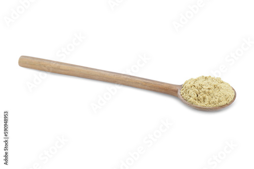 Wooden spoon with aromatic mustard powder on white background