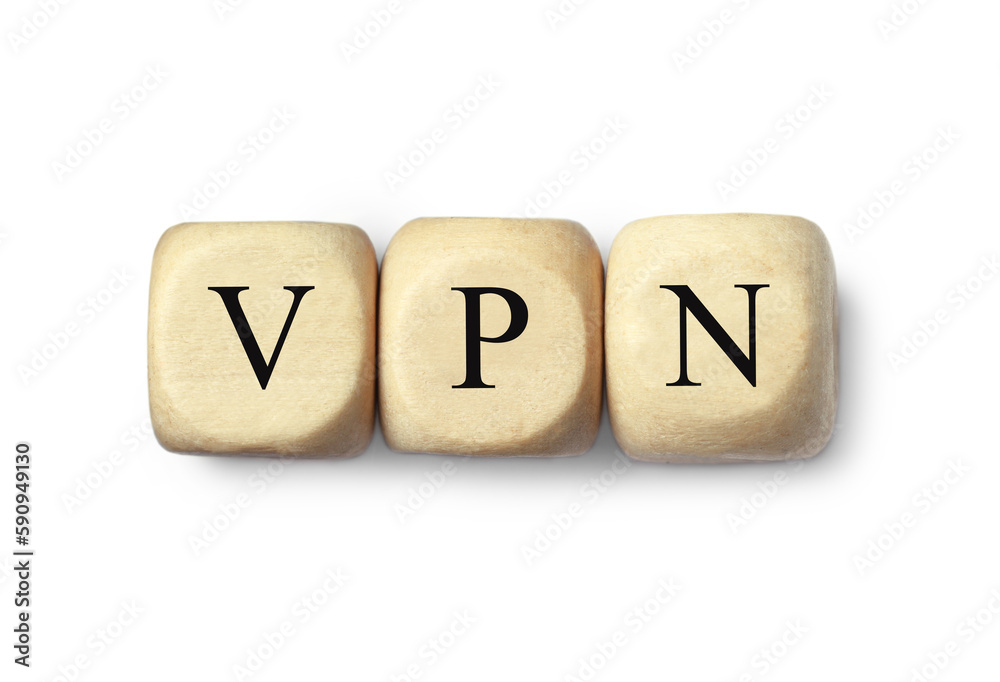 Wooden beads with acronym VPN on white background, top view
