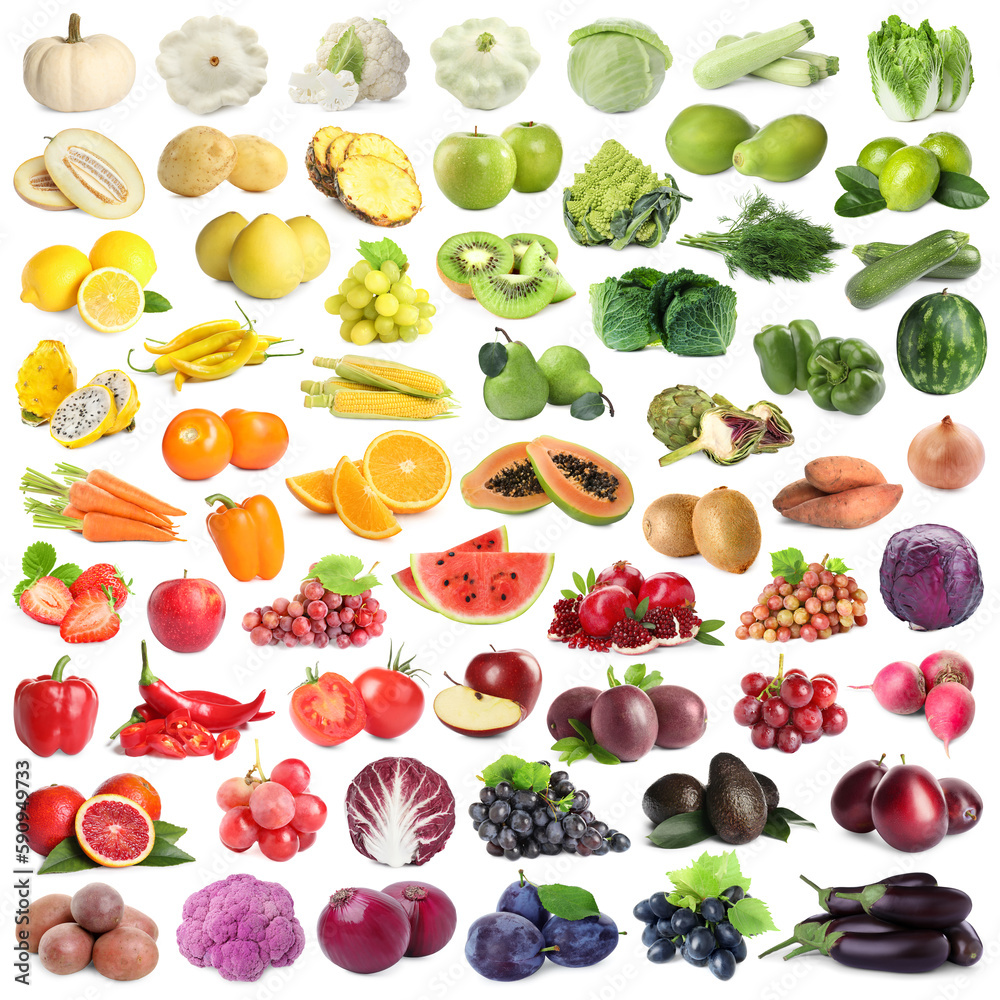 Assortment of fresh fruits and vegetables on white background, collage design Assortment of fresh fruits and vegetables on white background, collage design