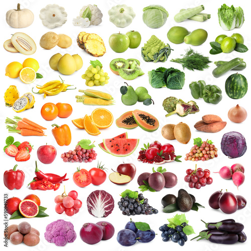 Assortment of fresh fruits and vegetables on white background, collage design