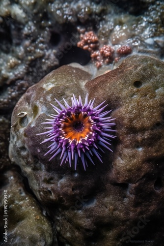 Beach Landscape A close-up of a sea urchin clinging to a rock in a tide pool, spiny exterior, round shape, vivid purple color 2 - AI Generative © mfathur19