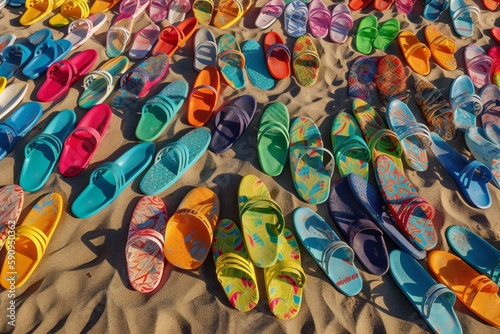 Beach Landscape A collection of brightly colored flip-flops arranged artfully on the beach, various sizes, vibrant patterns, playful design 2 - AI Generative
