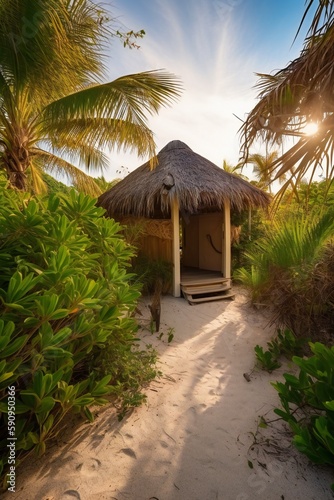 Beach Landscape A deserted beach cabana surrounded by lush vegetation, thatched roof, wooden supports 4 - AI Generative