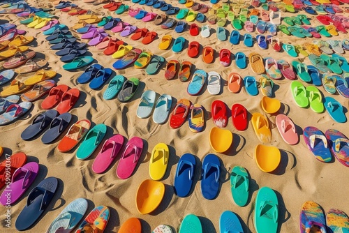Beach Landscape A collection of brightly colored flip-flops arranged artfully on the beach, various sizes, vibrant patterns, playful design 1 - AI Generative