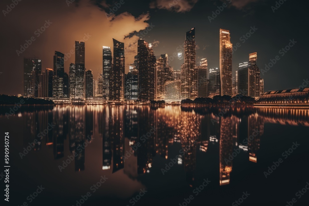 Fototapeta premium bustling cityscape at night with shimmering reflections in the water. Generative AI