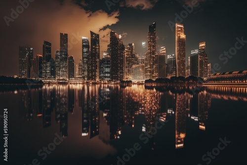 bustling cityscape at night with shimmering reflections in the water. Generative AI