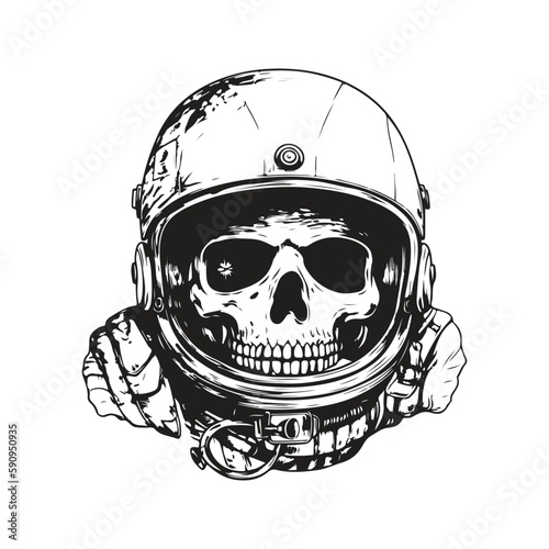 astronaut helmet with skull, vintage logo concept black and white color, hand drawn illustration