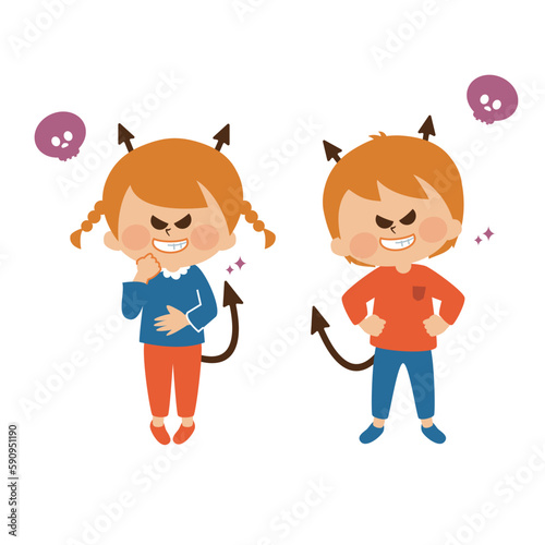 小悪魔　いらずら顔の男の子と女の子　イラスト素材