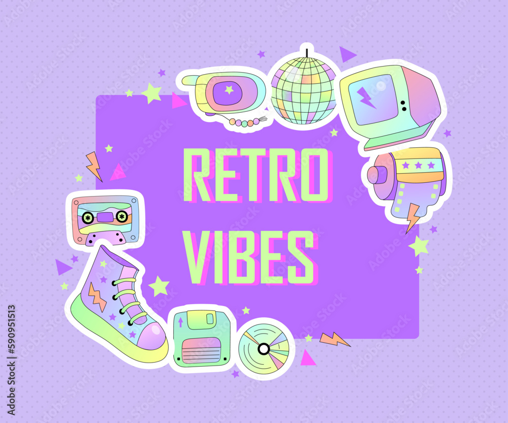 Retro Vibes text with retro objects for poster, flyer, party invitation. 90s vibes. Space for