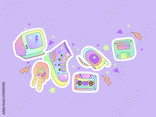 Border with retro objects for invitation, poster, banner, disco party. 90s vibes. Vector illustration.