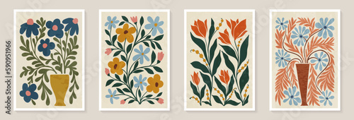 Set of trendy vintage wall prints with flowers, leaves, shapes. Modern aesthetic illustrations. Bohemian style Collection of contemporary artistic Design wall decoration, postcard, poster, brochure