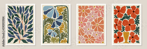 Set of trendy vintage wall prints with flowers, leaves, shapes. Modern aesthetic illustrations. Bohemian style Collection of contemporary artistic Design wall decoration, postcard, poster, brochure