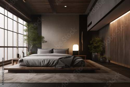 a minimalist Japanese bedroom interior design Created with generative AI tools.