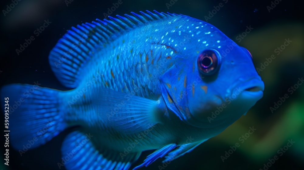 Glimmering Electric Blue Acara Swimming in Aquarium Glimmering Electric Blue Acara Swimming in Aquarium