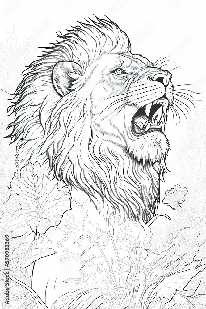 Obraz premium Fierce lion roaring in the jungle, line art for coloring book, crisp lines, white background, AI generative