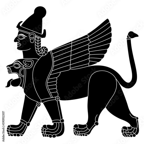 Fantastic sphynx. Winged lion with human head. Ancient Syrian design from Karkemish. Mesopotamian mythology. Black and white negative silhouette. photo