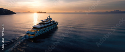 Panel kuchenny z motywem luxury yacht sailing in the middle of the sea beside an island and mountains in the horizon at sunset as wide banner with copyspace area for text - Generative AI