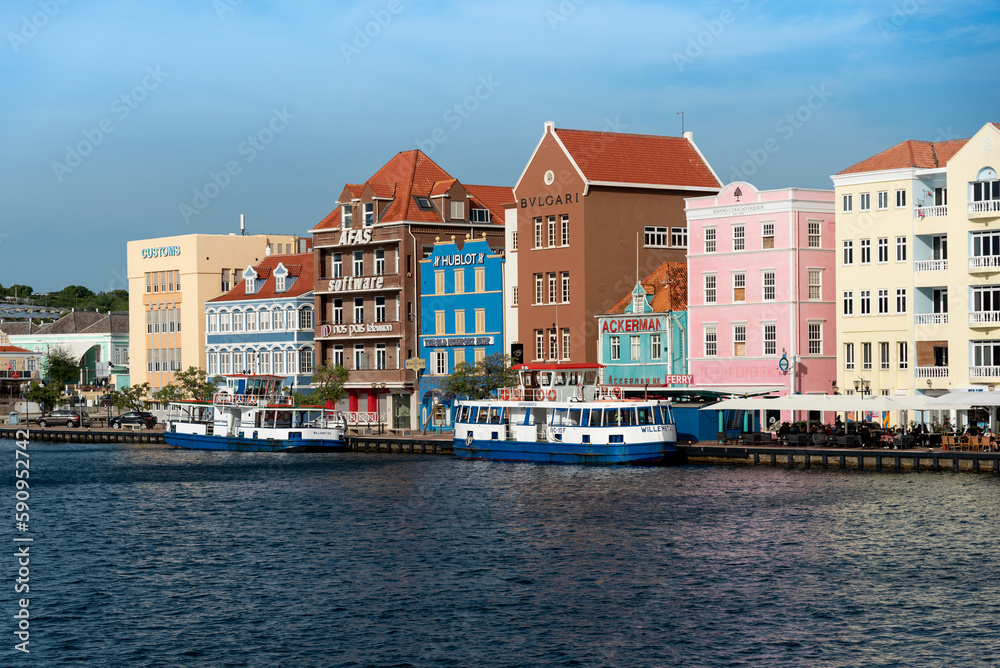 Colonial style buildings in the historic city center .Willemstad. Curacao. July 27, 2022.