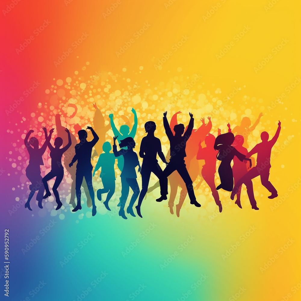 Dance logo, crowd of people dancing, silhouette with vibrant rainbow colors.