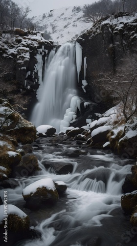 Imaginary waterfall in Scandinavia in winter, AI generative image