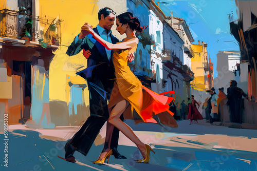 Couple dancing tango on street in Argentina, colorful town, retro futuristic style, AI generative illustration