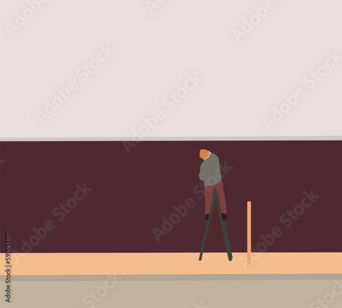 Construction worker remodeling and fixing holes in the concrete wall on ladder with level. Man builder in work clothes. building and construction. professional repairman.
