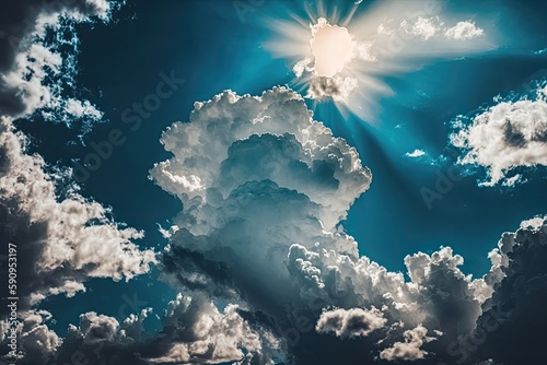 sun rays shining through clouds in a blue sky. Generative AI © 2rogan