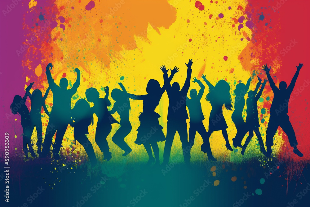 Dance logo, crowd of people dancing, silhouette with vibrant rainbow colors. Dance logo, crowd of people dancing, silhouette with vibrant rainbow colors.