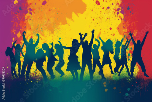 Dance logo, crowd of people dancing, silhouette with vibrant rainbow colors.