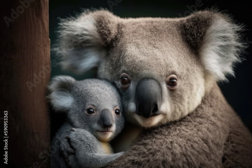 mother koala and her baby cuddling in a eucalyptus tree. Generative AI