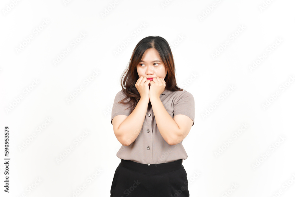 Fist on Chin smile while thinking Of Beautiful Asian Woman Isolated On White Background Fist on Chin smile while thinking Of Beautiful Asian Woman Isolated On White Background