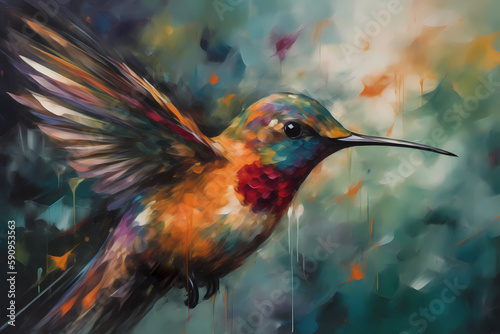 Abstract art - painting of a hummingbird as the main object
