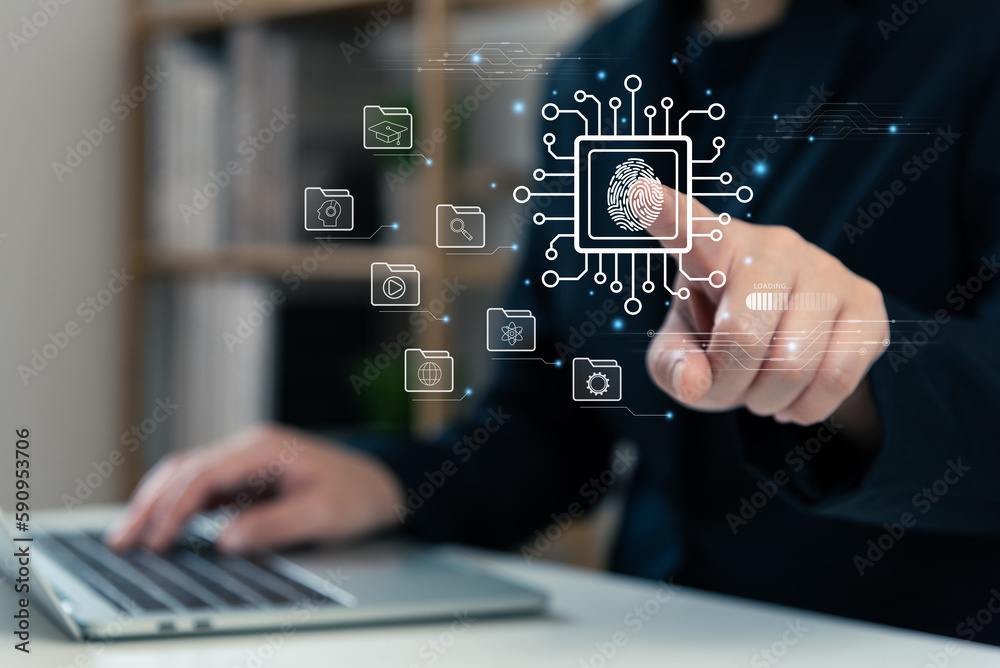 Biometric authentication concept, businessman touching fingerprint scanner system log in to document management and entertainment, AI tech, cyberspace, cyber security, information, cloud computing.