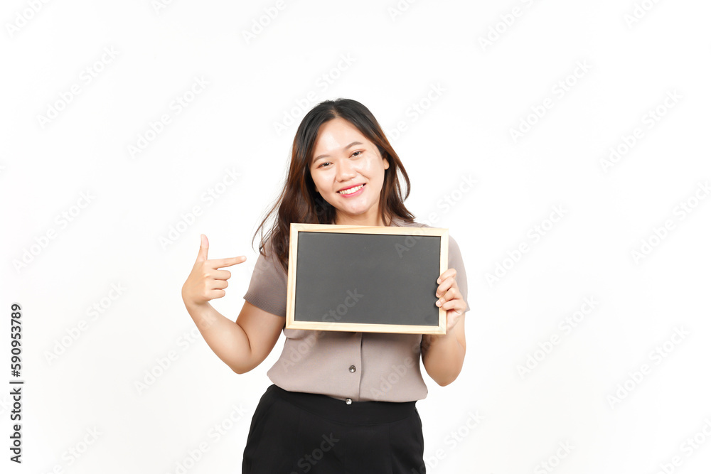 Showing, Presenting and holding Blank Blackboard Of Beautiful Asian Woman Isolated On White Showing, Presenting and holding Blank Blackboard Of Beautiful Asian Woman Isolated On White