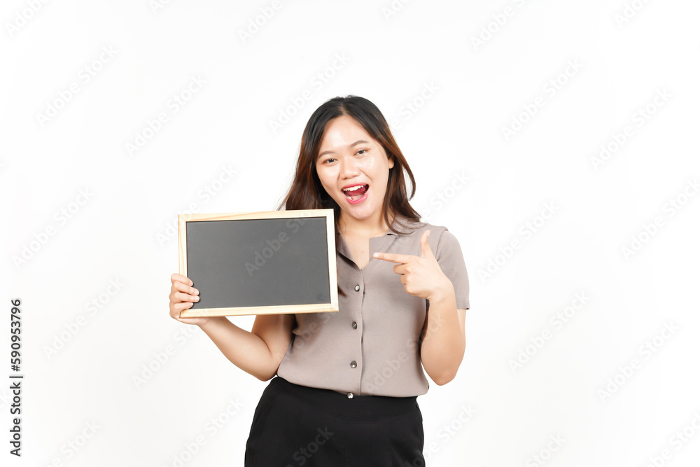 Showing, Presenting and holding Blank Blackboard Of Beautiful Asian Woman Isolated On White Showing, Presenting and holding Blank Blackboard Of Beautiful Asian Woman Isolated On White