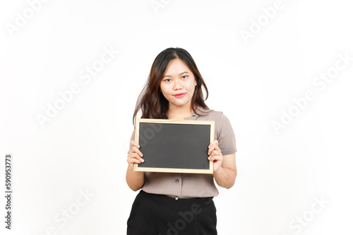 Showing, Presenting and holding Blank Blackboard Of Beautiful Asian Woman Isolated On White