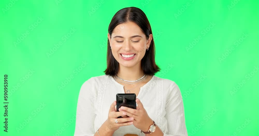 Happy woman, smartphone and typing on green screen, studio and social media post of funny meme online. Female model, laughing and texting on cellphone, download mobile games or search digital contact Happy woman, smartphone and typing on green screen, studio and social media post of funny meme online. Female model, laughing and texting on cellphone, download mobile games or search digital contact