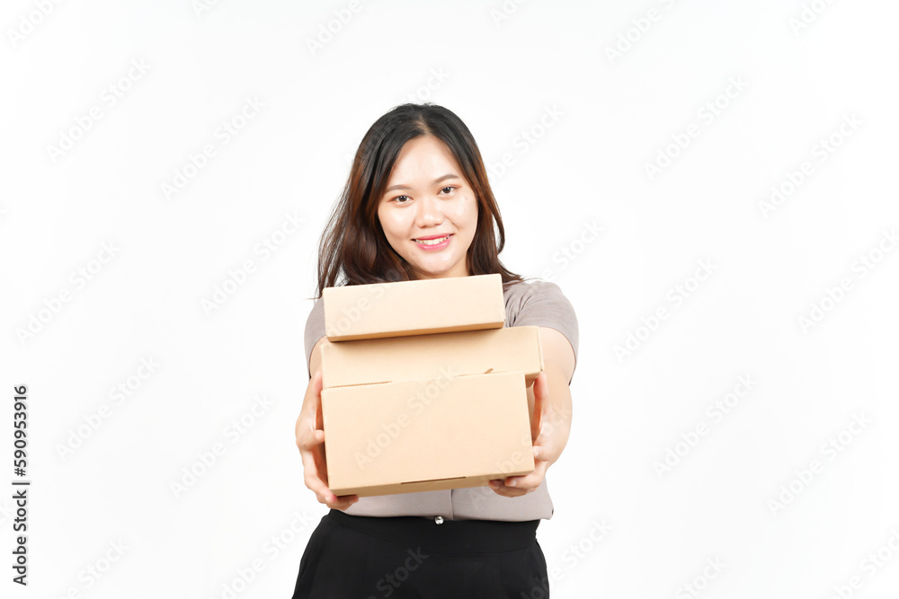 Holding Package Box or Cardboard Box Of Beautiful Asian Woman Isolated On White Background Holding Package Box or Cardboard Box Of Beautiful Asian Woman Isolated On White Background