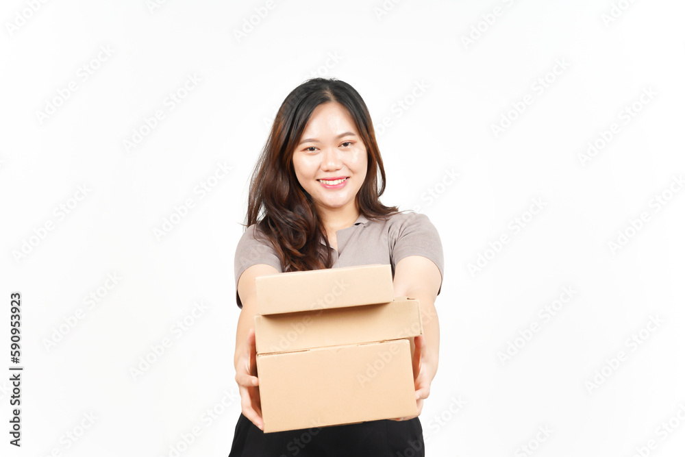 Holding Package Box or Cardboard Box Of Beautiful Asian Woman Isolated On White Background