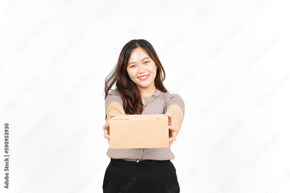 Holding Package Box or Cardboard Box Of Beautiful Asian Woman Isolated On White Background Holding Package Box or Cardboard Box Of Beautiful Asian Woman Isolated On White Background