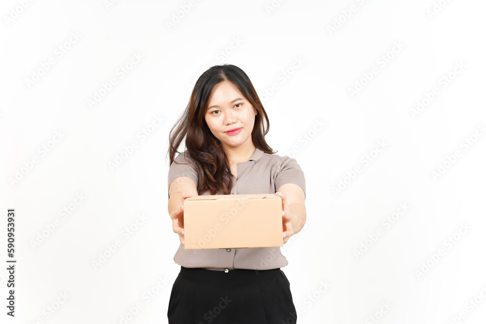 Holding Package Box or Cardboard Box Of Beautiful Asian Woman Isolated On White Background Holding Package Box or Cardboard Box Of Beautiful Asian Woman Isolated On White Background