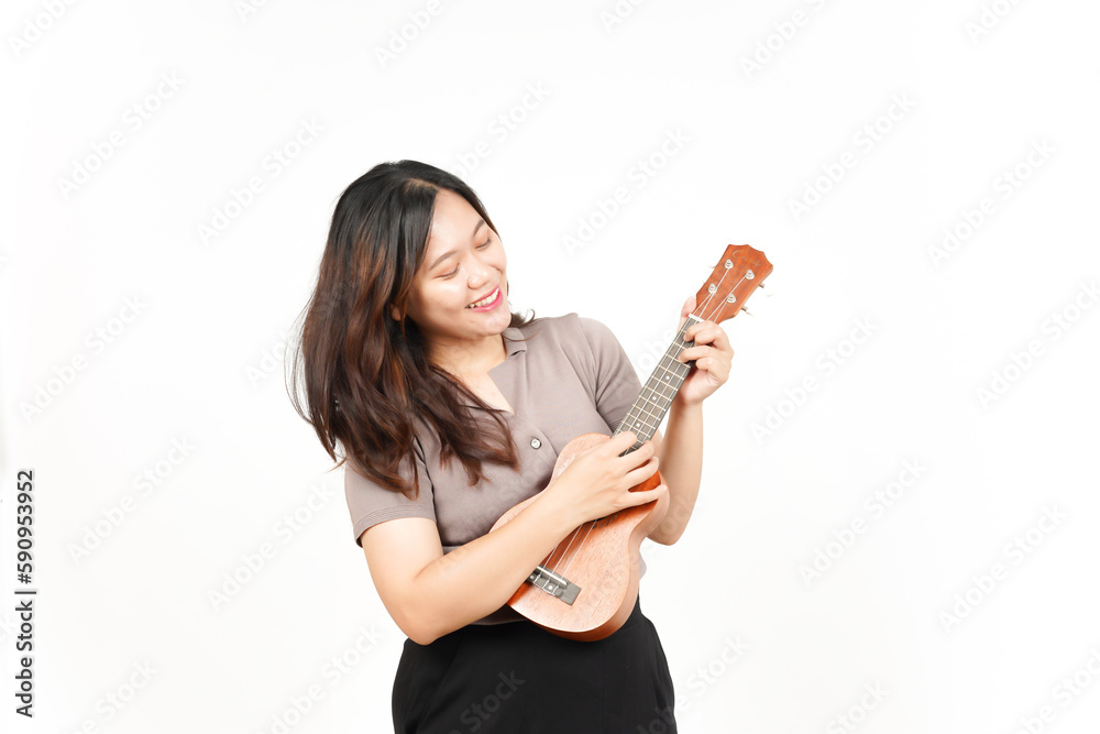 Playing Ukulele Of Beautiful Asian Woman Isolated On White Background Playing Ukulele Of Beautiful Asian Woman Isolated On White Background